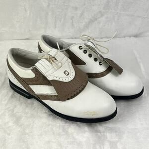 FootJoy DryJoys 6.5M White Brown Waterproof Leather Golf Shoes Metal Spike USA